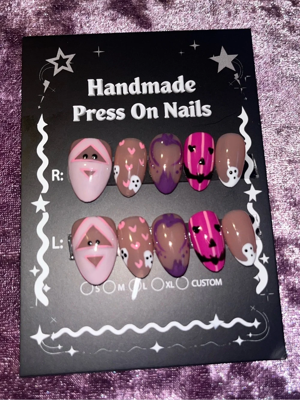 Handmade Press On Nails - Pink & Purple Ghost Design